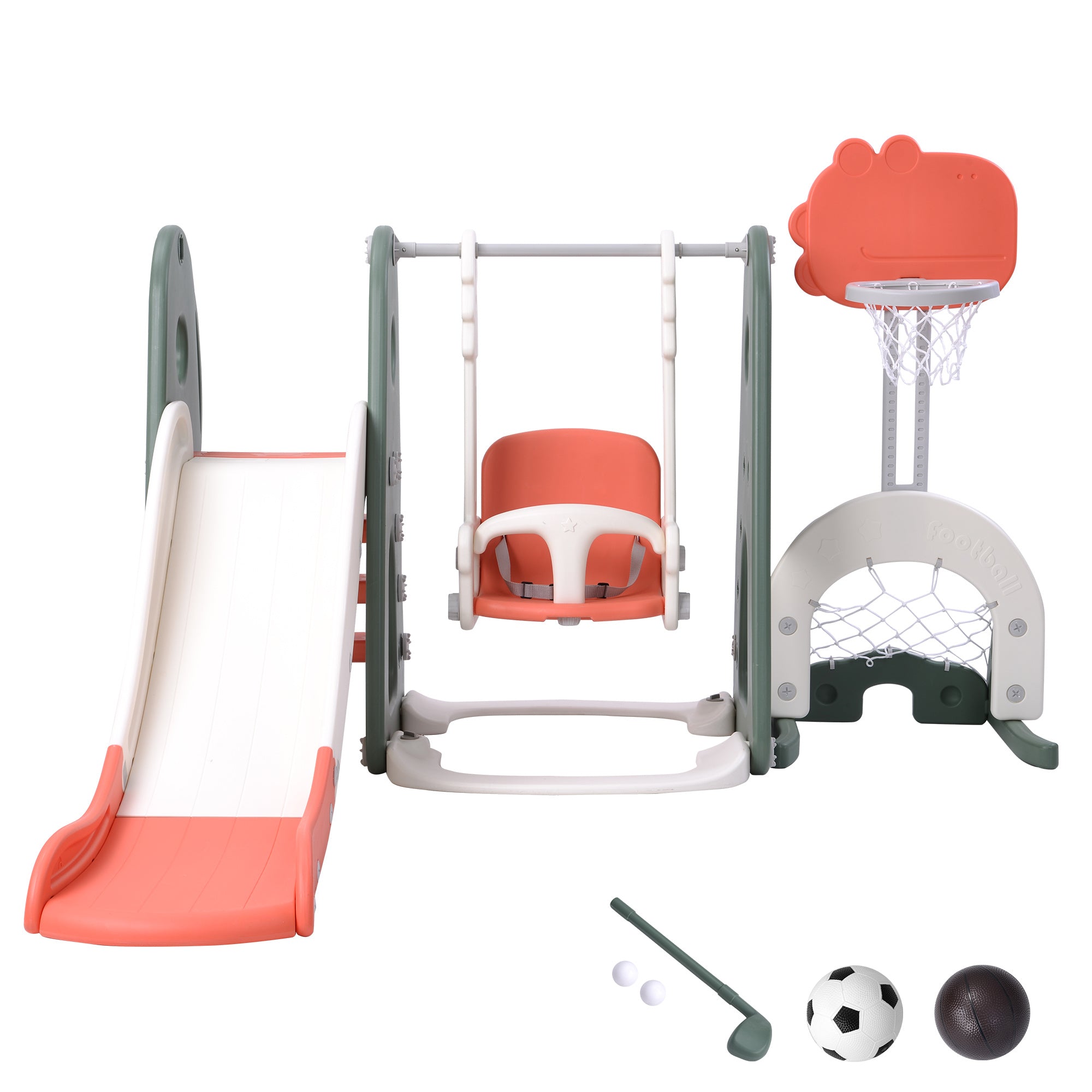 6 in 1 Toddler Slide and Swing Set with Basketball Hoop and Golf, Adjustable Swing Height YF