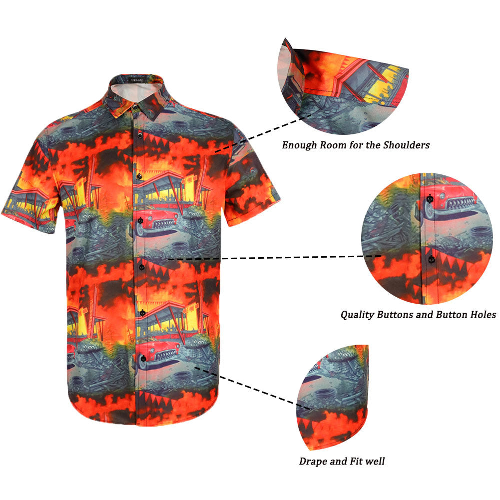 Men Retro Cars Print Casual Button Down Shirt Funny Graphic Short Sleeve Hawaiian Shirts