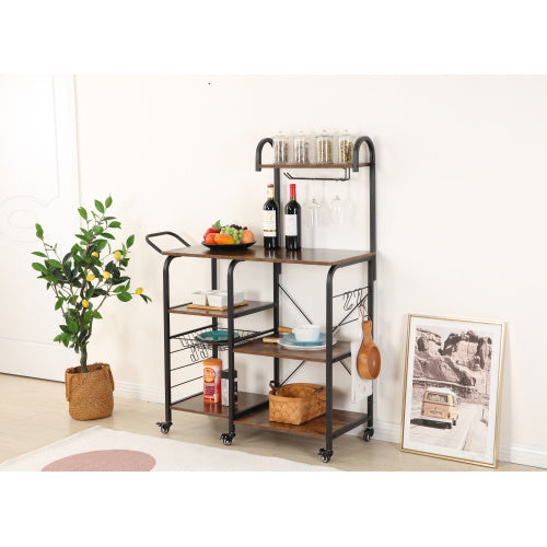 Free shipping kitchen practical storage rack dining cart trolley, microwave oven rack 3 layers + 4 layers shelf, with 4 high-end hooks and 6 high-quality pulleys, spice rack organizer workstation