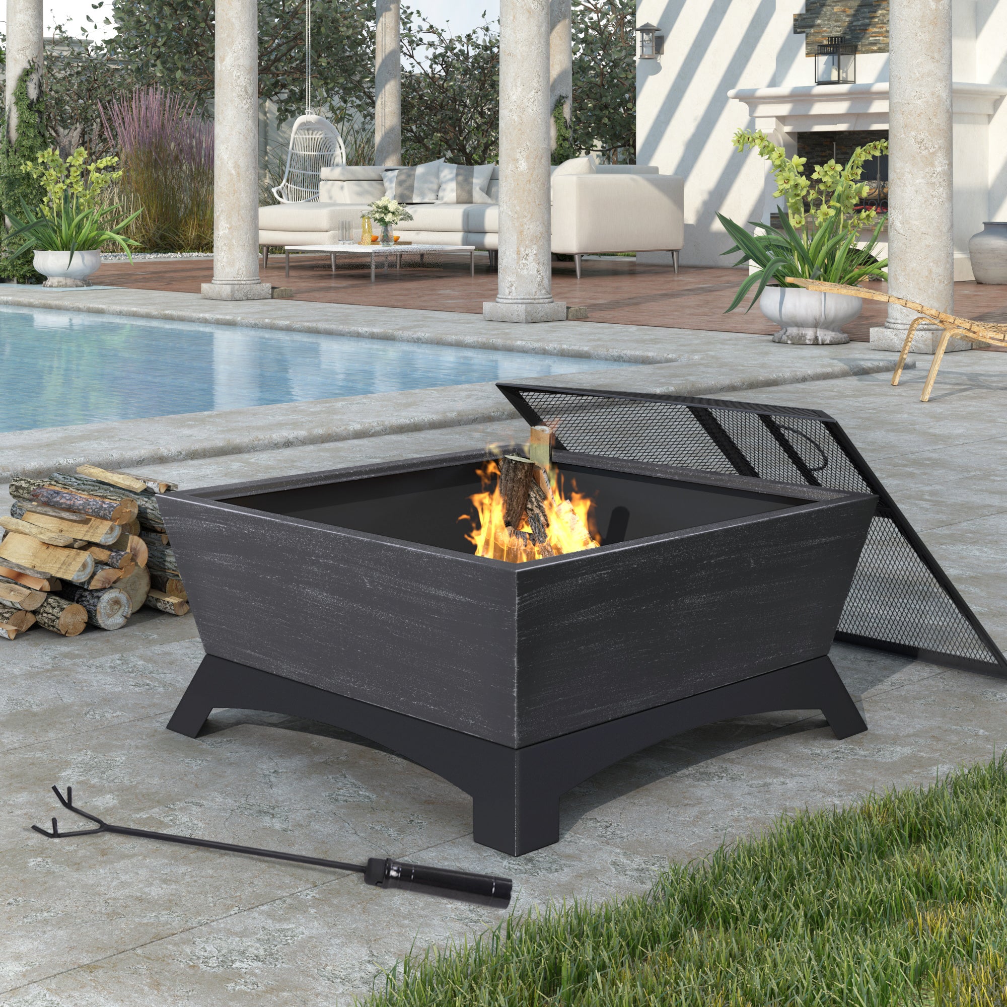 Free shipping Quality Steel Fire Pit with Log Poker, Mesh Screen for Outdoor Living, Family Use, Dark Gray