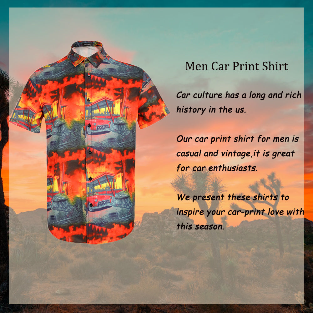 Men Retro Cars Print Casual Button Down Shirt Funny Graphic Short Sleeve Hawaiian Shirts