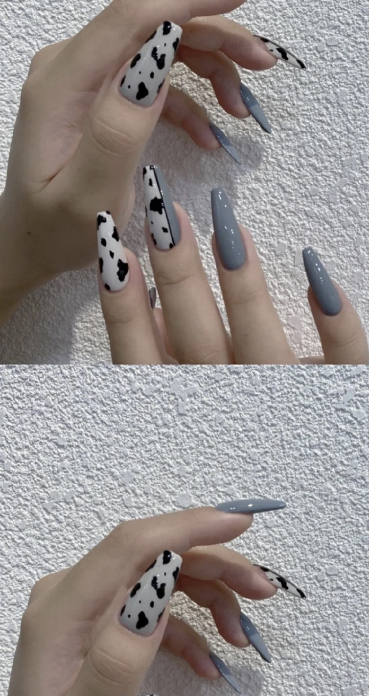 Bright Gray color with mixed leopard prints handmade fake nails/press on nails