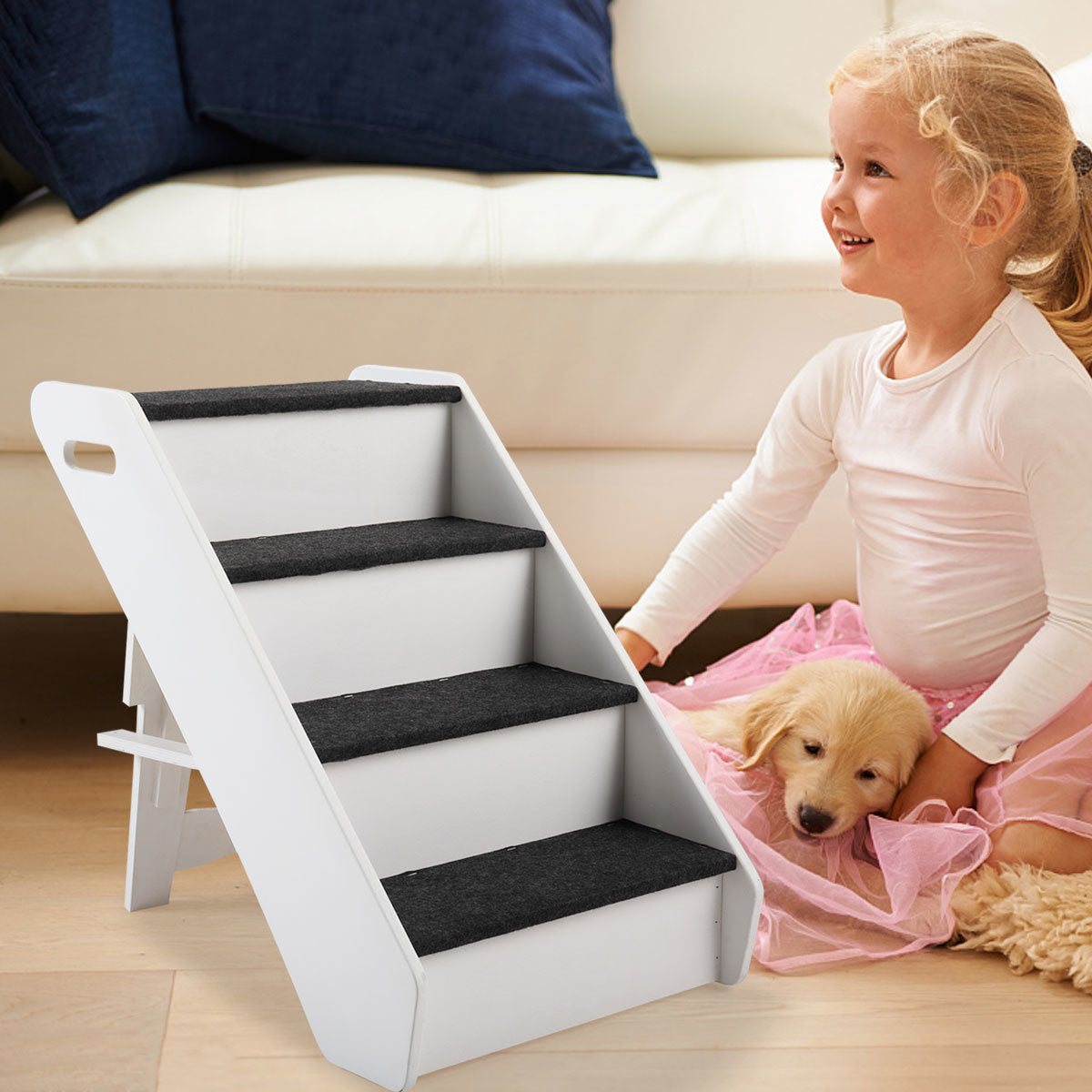 Four-Step wooden pet ladder, Jumping Support Safe Access to Sofa, for dogs and cats