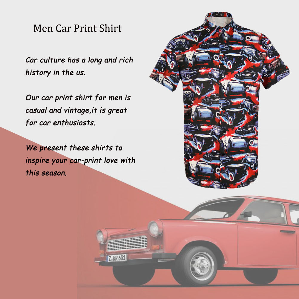 Men Retro Cars Print Casual Button Down Shirt Funny Graphic Short Sleeve Hawaiian Shirts