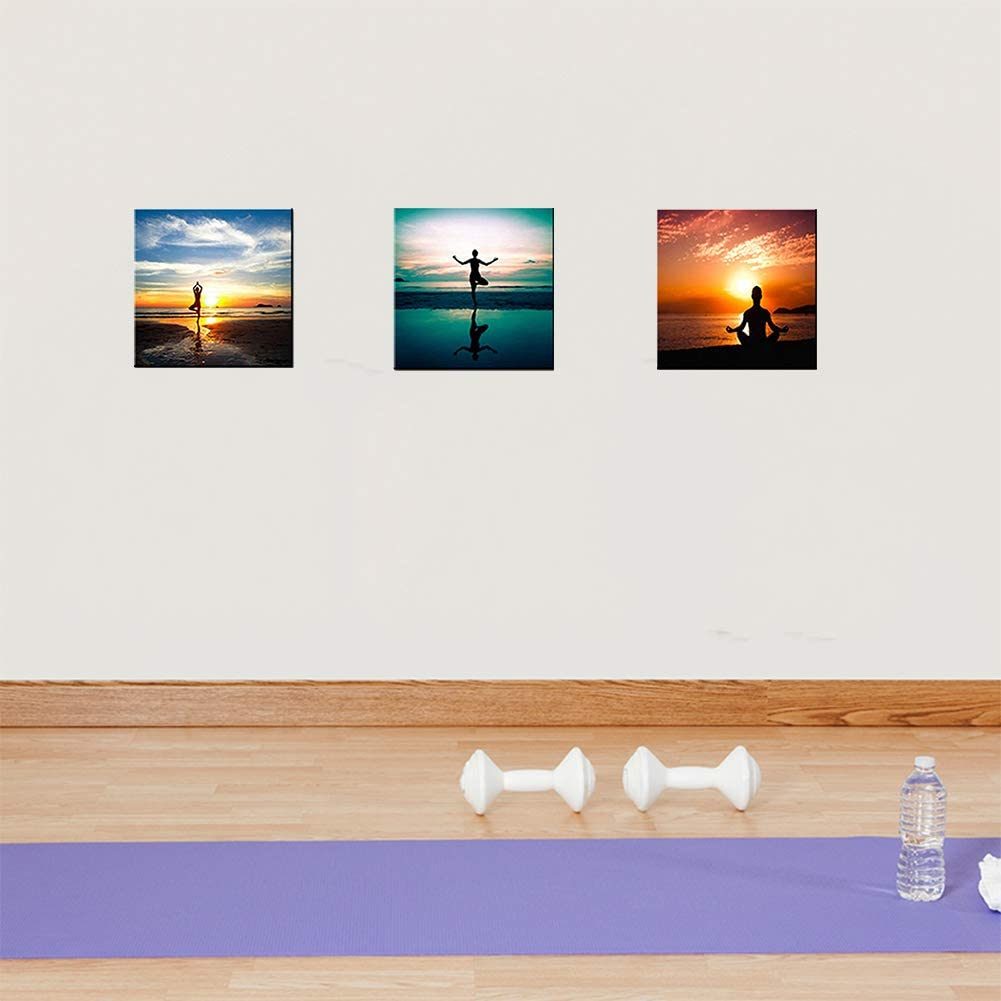 Modern Canvas Painting A People Do Yoga or Exercise for Workout Wall Art Sport Picture Printed Canvas Giclee Artwork on Gym, Bedroom or Studio, Home Wall 3 Panels Framed Decoration