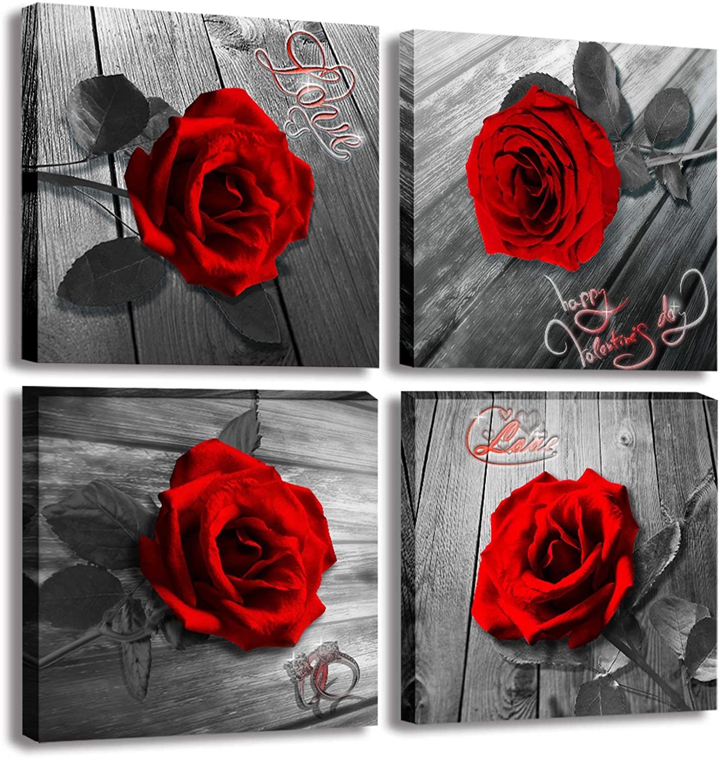 Red Rose Canvas Wall Art Flower Canvas Print Black and White Wall Paintings for Bedroom Bathroom Couple Love Women Valentines Gift Home Decor Artwork