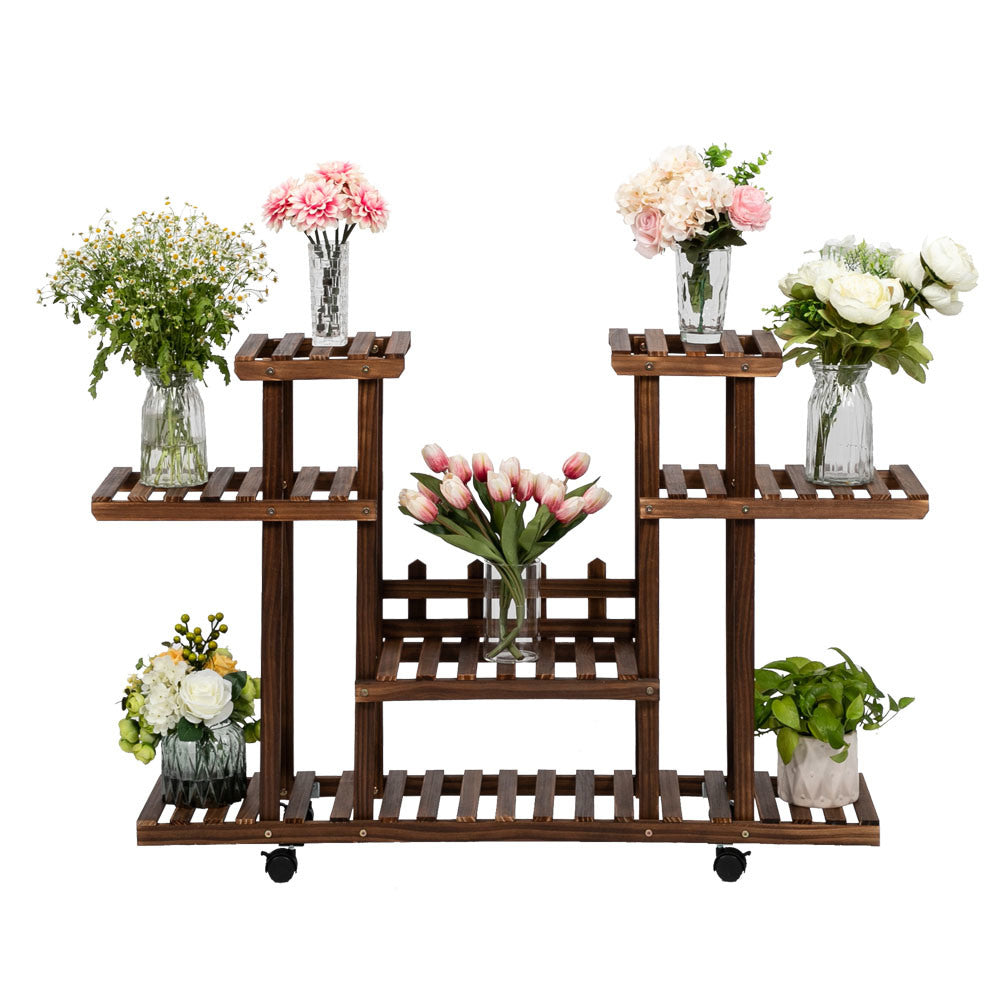 4-Layer Wooden Flower Stands Rolling Flower Plant Display Shelf Storage Rack Ladder Stand Rack Corner Plant Stand Living Room Balcony Patio Yard Outdoor Indoor Ample 12 Pots Brown