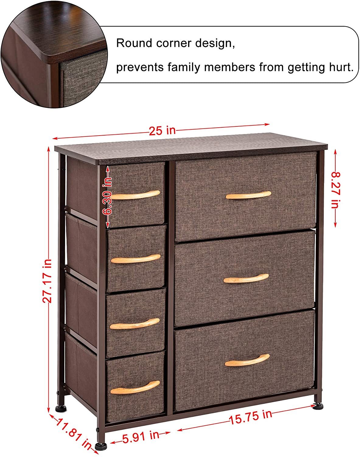 Dresser Storage Tower with 7 Drawers, Sturdy Steel Frame, Wood Top, Easy Pull Fabric Bins, Wood Handles, Organizer Unit for Bedroom, Entryway, Hallway, Closets - Brown