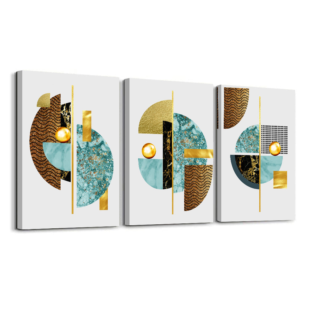 Abstract Canvas Prints Geometric Gold Deer Picture Stretched Wall Art Blue Fan-shaped Bedroom Decorative Painting 3 Pieces