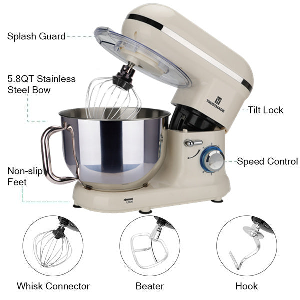 5.8QT 6 Speed Control Electric Stand Mixer with Stainless Steel Mixing Bowl Food Mixer TRUSTMADE