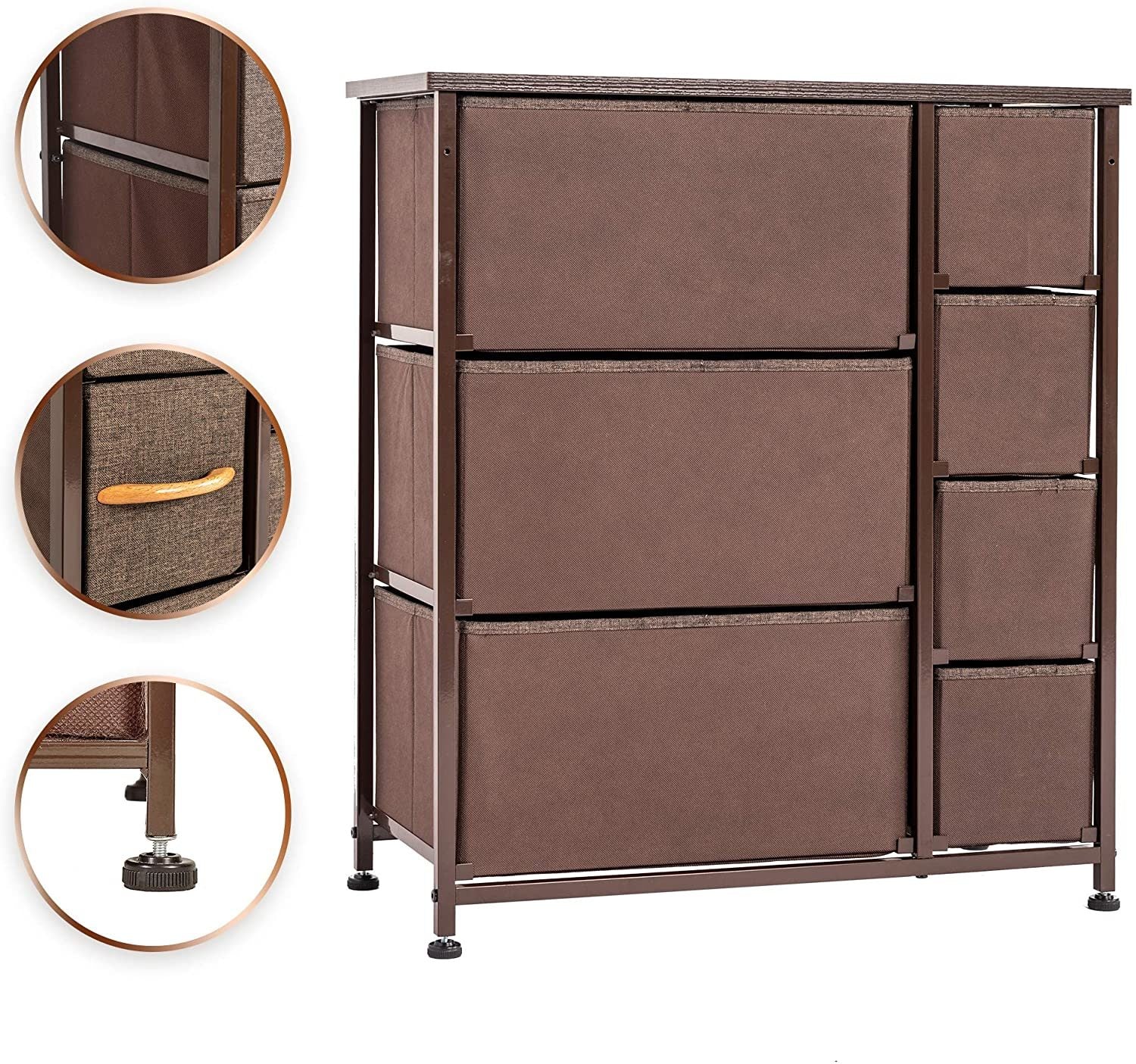 Dresser Storage Tower with 7 Drawers, Sturdy Steel Frame, Wood Top, Easy Pull Fabric Bins, Wood Handles, Organizer Unit for Bedroom, Entryway, Hallway, Closets - Brown