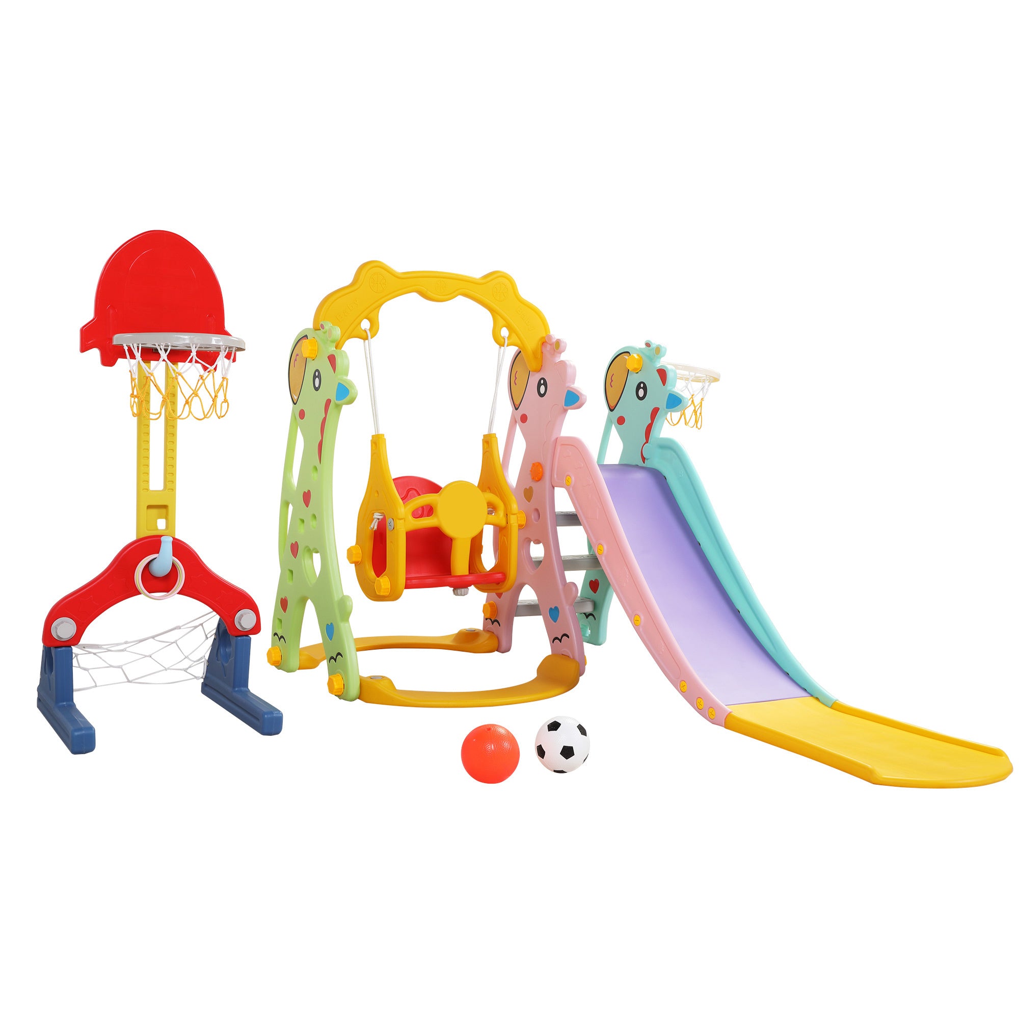 Children Slide Swing Set, 5-in-1 Combination Activity Center Freestanding Slides Playset for Kids Indoor Toddler Climbing Stairs Toy with Basketball Hoop Game Outdoor Playground  XH