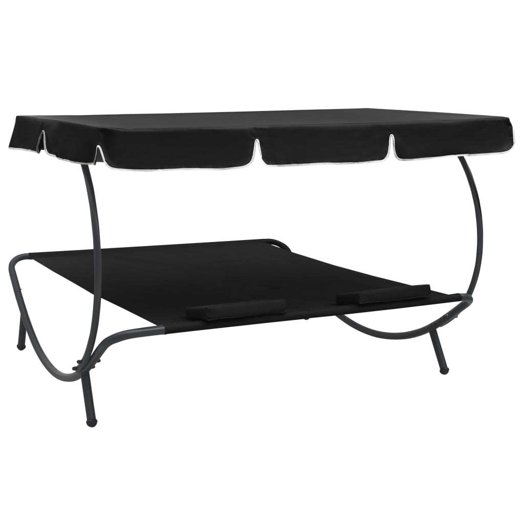 Outdoor Lounge Bed with Canopy and Pillows Black