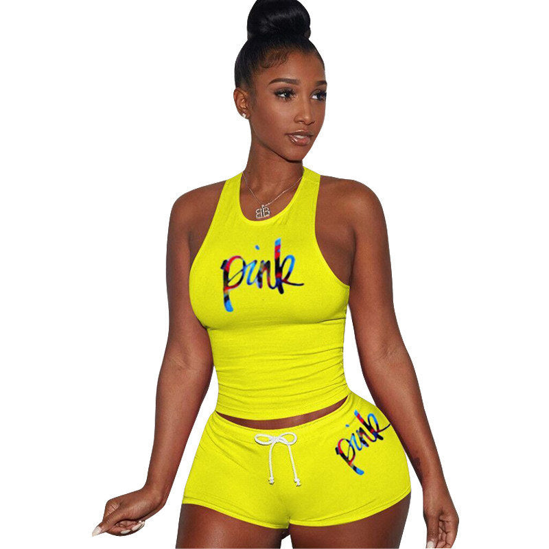 Women Colorful PINK Letter Print Tracksuit Summer Sleeveless Vest Tanks T Shirt + Shorts Outfits Two Piece Set Bodycon T-shirt Suit Clothing D61506