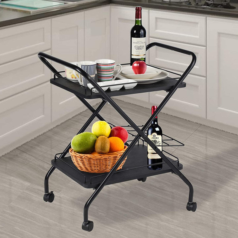 2-Tier Rolling Utility Cart with Wheels, Metal Bar Service Cart With Wine Rack, Lockable Wheel, Multi-Functional Storage Rack For Bar Office And Kitchen RT