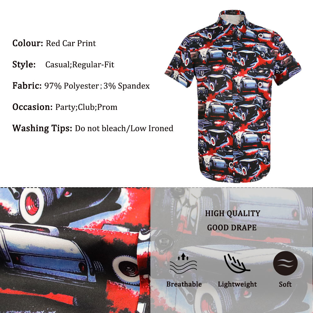 Men Retro Cars Print Casual Button Down Shirt Funny Graphic Short Sleeve Hawaiian Shirts