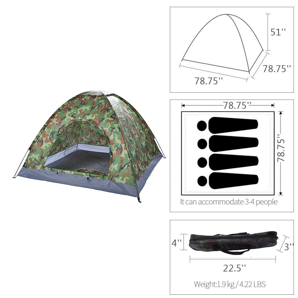 Outdoor Camouflage Camping Tent for 3-4 Person Single Layer Waterproof Hiking