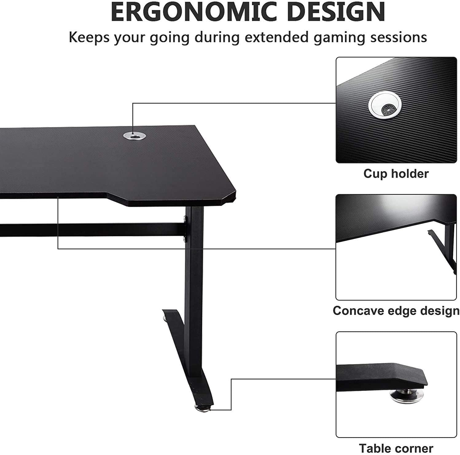 Gaming Table 47.2" W x 23.6" D Home Office Computer PC Desk Gaming Table Curve Design for Men Boyfriend Female Gift, Black Gamer Workstation, with 2 Cable Management Holes XH