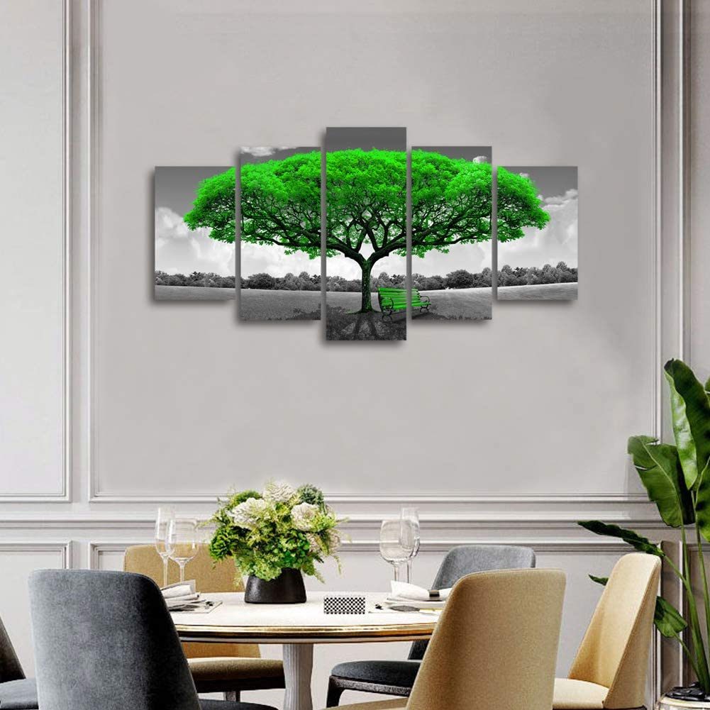 Canvas Wall Art Green Tree Landscape Painting Black and White Picture Prints Framed Artwork Large Wall Art for Living Room Bedroom Decoration 5 Pieces