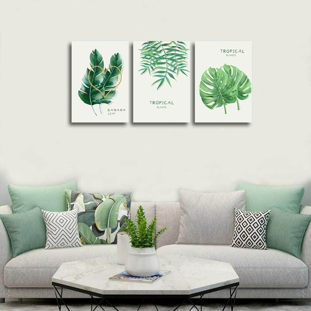 Wall Art Modern Green Leaves Canvas Prints Framed Artworks for Living Room Decor