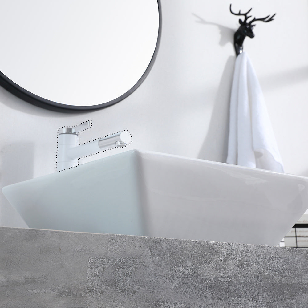 Bathroom Above Counter Square Ceramic Vessel Vanity Sink Art Basin - White Porcelain - with Pop Up Drain Stopper RT