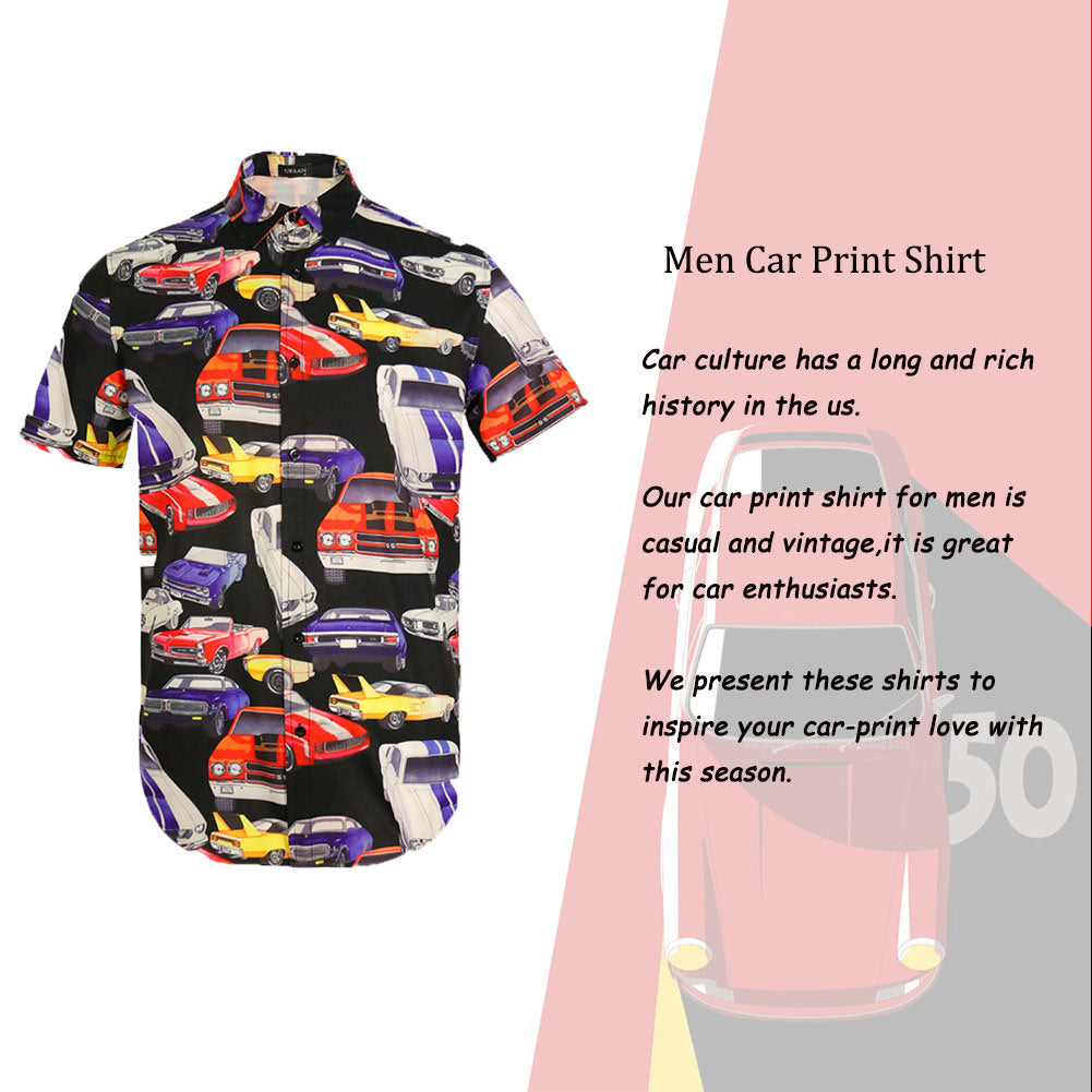 Men Retro Cars Print Casual Button Down Shirt Funny Graphic Short Sleeve Hawaiian Shirts