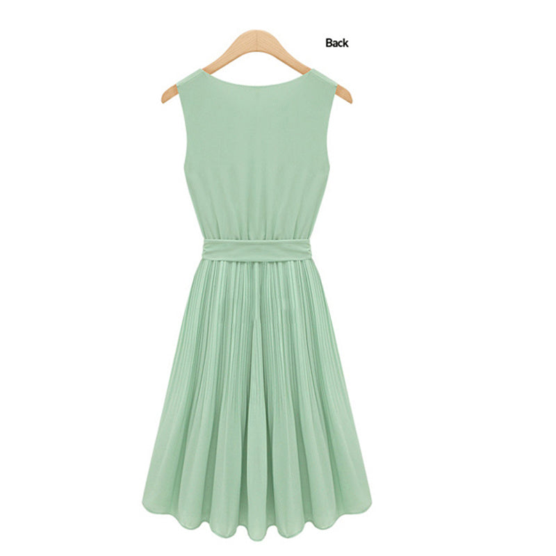 US store free delivery casual Lady Pleated Chiffon Bow Belt Sleeveless Vest Summer Dress Skirt