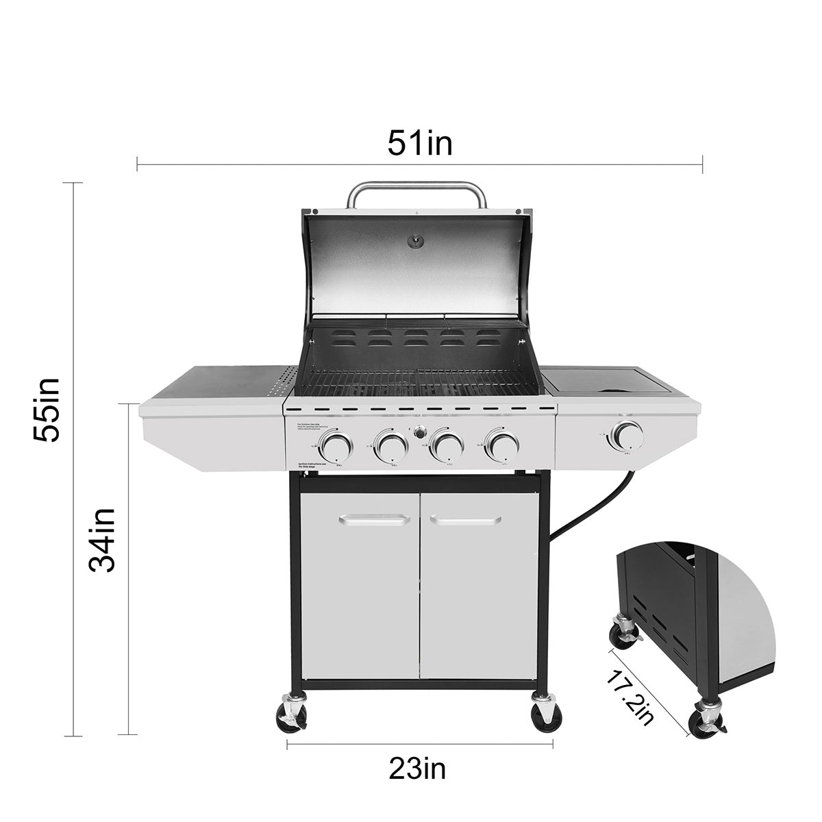 4-Burner Propane Gas Grill with Side Burner, Stainless Steel, Cabinet for BBQ