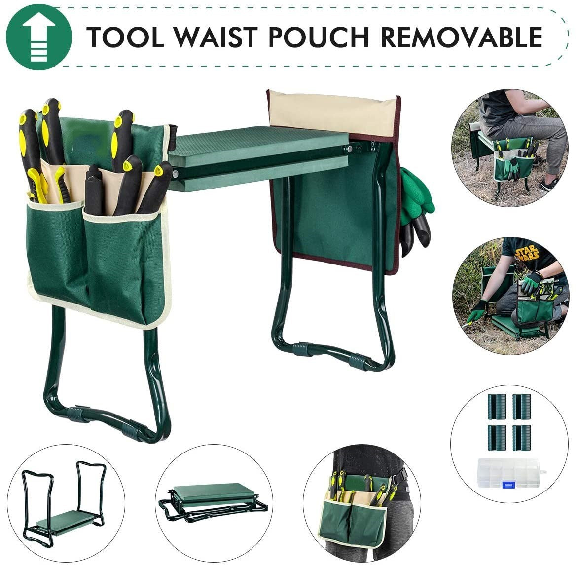 Garden Kneeler and Seat with 2 Bonus Tool Pouches - Portable Garden Bench EVA Foam Pad with Kneeling Pad for Gardening - Sturdy, Lightweight and Practical - Protect Knees and Clothes When Gardening XH