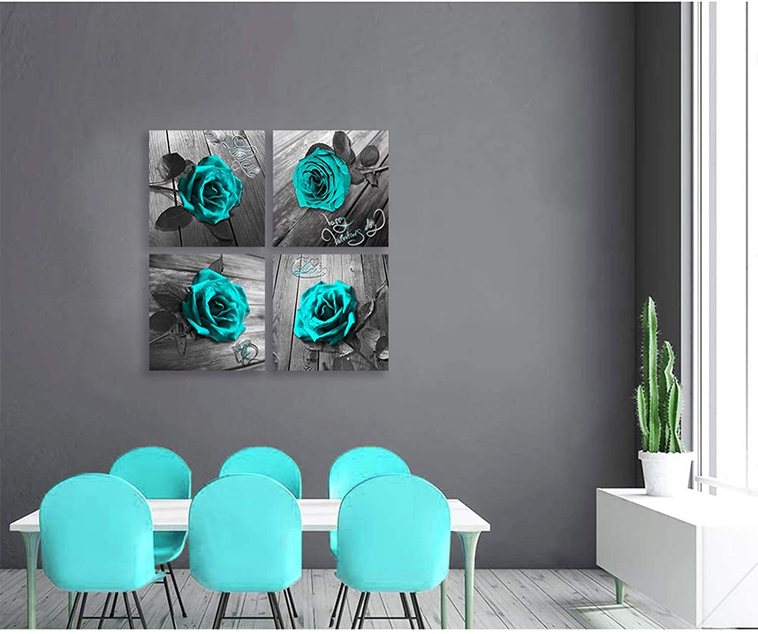 Canvas Wall Art Teal Blue Rose Canvas Prints Black and White Turquoise Floral Artwork Modern Frame Flower Pictures Canvas Art Wall Decor for Bedroom Living Room