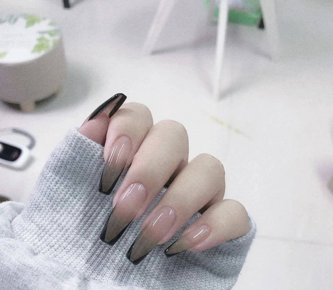 Black French Style Handmade Fake nails/press on/Ballerina Shape