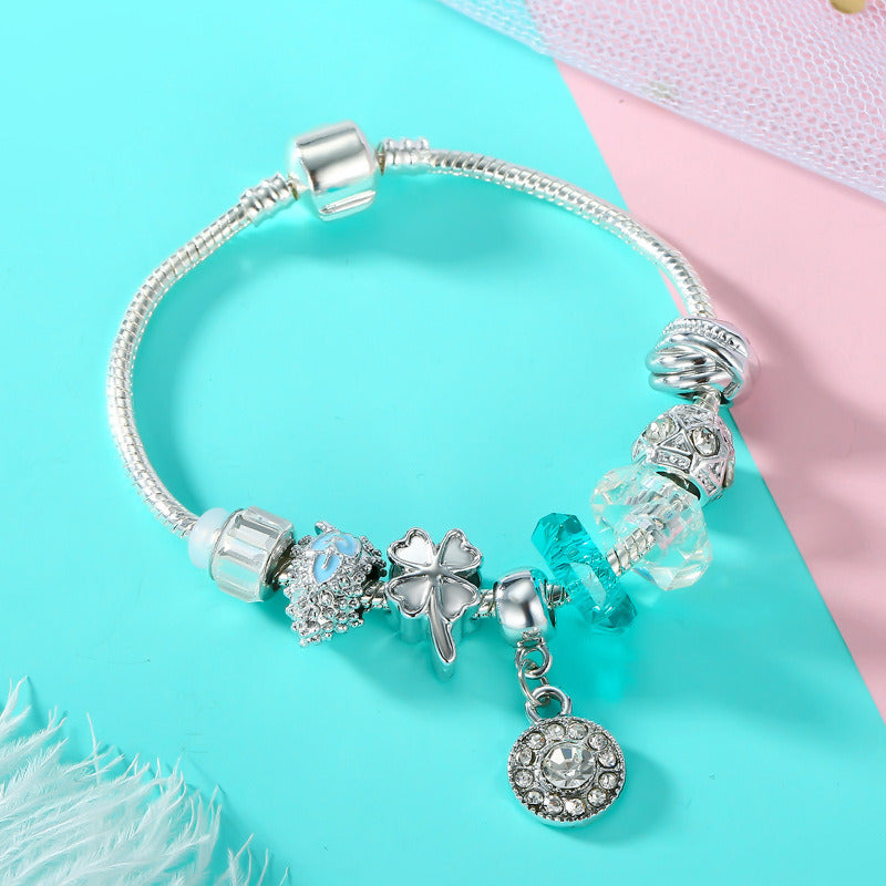 Silver Charm Bracelets Bangles Blue Crystal / Glass Beads Summer Style Women Bracelets