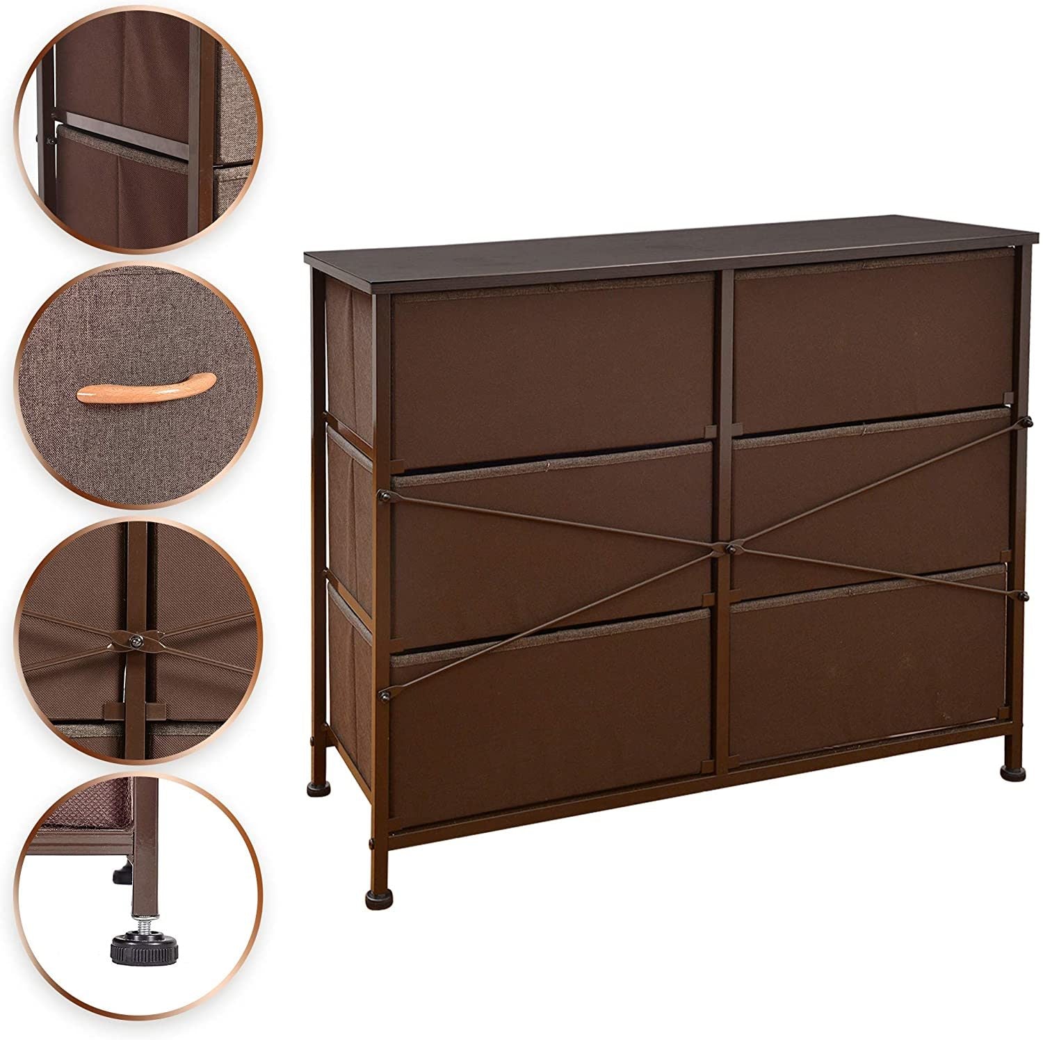 Dresser Closet with 6 Drawers, Storage Tower Unit for Bedroom, Hallway, Closet, Office Organization, Wood Top, Easy Pull Fabric Bins - Brown