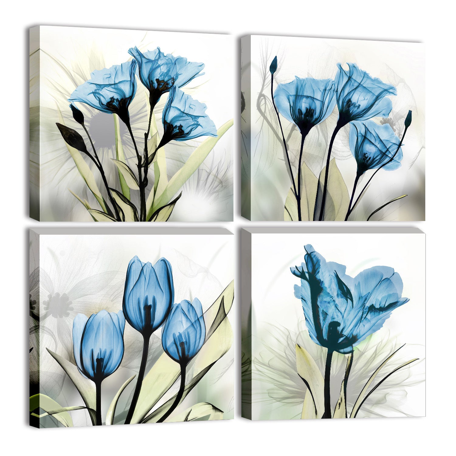 Blue Tulip Flower Canvas Prints Flickering Floral Modern Abstract Wall Art for Office Living Room Bedroom Home Decoration 4 Panel