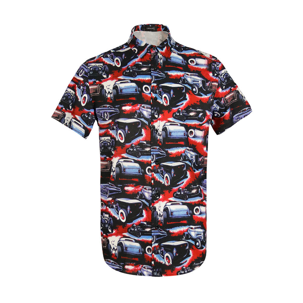 Men Retro Cars Print Casual Button Down Shirt Funny Graphic Short Sleeve Hawaiian Shirts