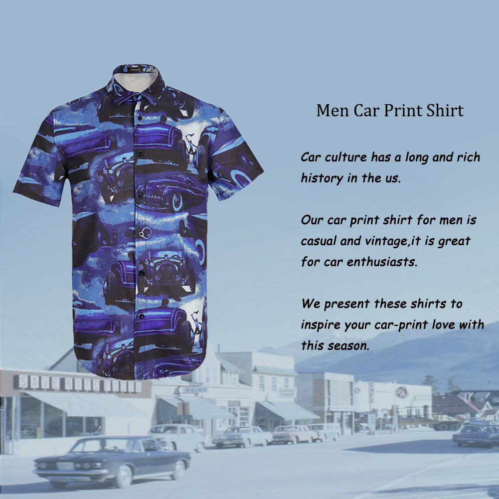 Men Retro Cars Print Casual Button Down Shirt Funny Graphic Short Sleeve Hawaiian Shirts