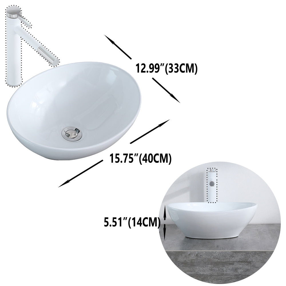 Bathroom Above Counter Egg Shape Oval Bowl Ceramic Vessel Vanity Sink Art Basin - White Porcelain - with Pop Up Drain Stopper RT