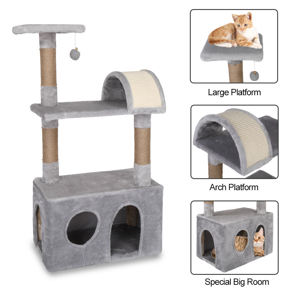 39" Cat Tree Tower with Plush Condos, Scratching Post, Toy, Light Grey YF