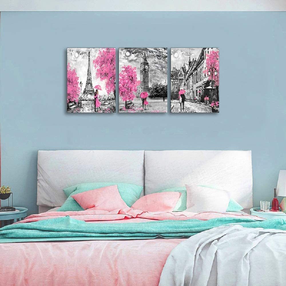 Black and White Wall Art Girls Pink Paris Theme Canvas Prints Eiffel Tower Wall Paintings London Big Ben Pictures for Bedroom Living Room Bathroom Wall Decor