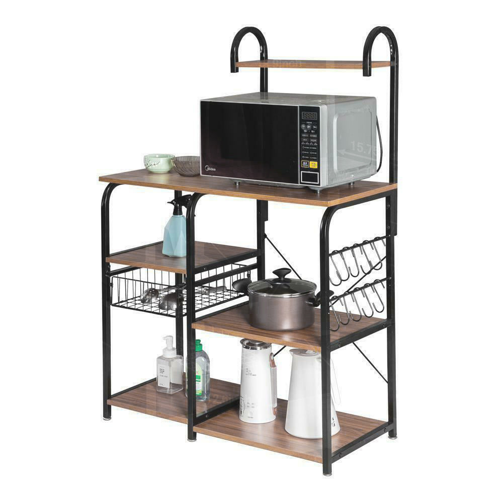 Free shipping Vintage Kitchen Baker's Rack Utility Storage Shelf 35.5" Microwave Stand 3-Tier+4-Tier Shelf for Spice Rack Organizer Workstation with 10 Hooks