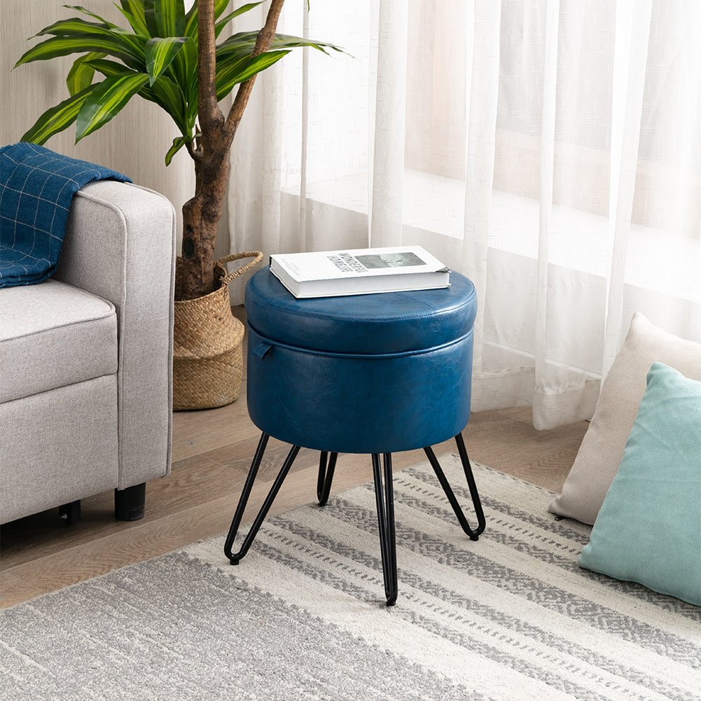 CoVibrant Velvet Vanity Stool with Storage and Tray Mid Century Small Round Ottoman for Bedroom Makeup Desk Living Room