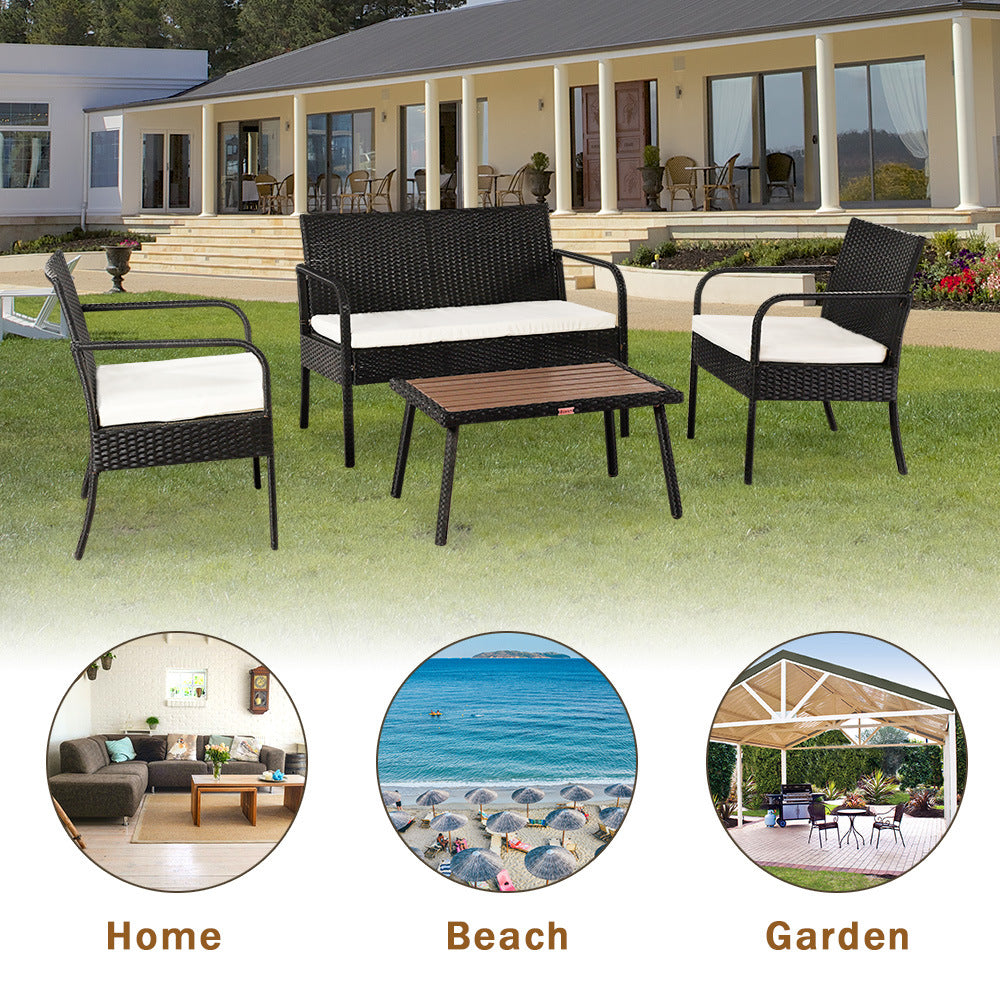 Free shipping 4 Pieces Outdoor Leisure Rattan Furniture Rattan Chair Small Four-piece Coffee Table Solid Wood Coffee Table-Black YJ