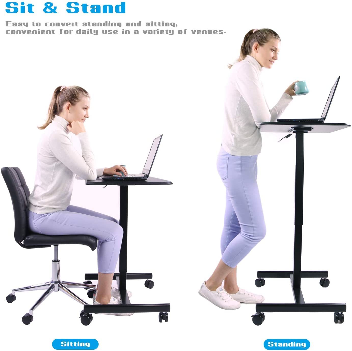 Mobile Sit-Stand Desk Adjustable Height Laptop Desk Cart Ergonomic Table Small Standing Desk with Pneumatic Height Adjustments, Black,White