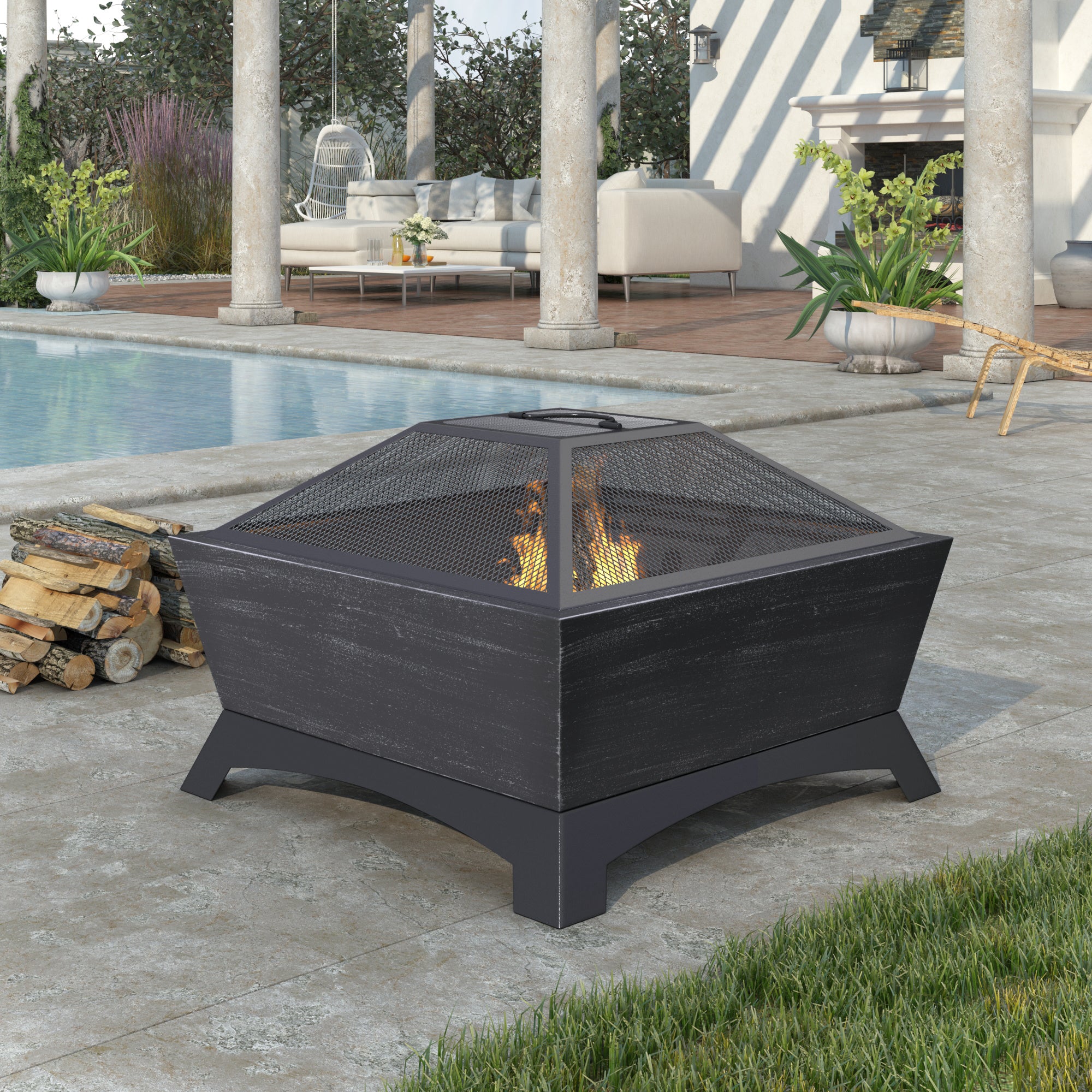 Free shipping Quality Steel Fire Pit with Log Poker, Mesh Screen for Outdoor Living, Family Use, Dark Gray