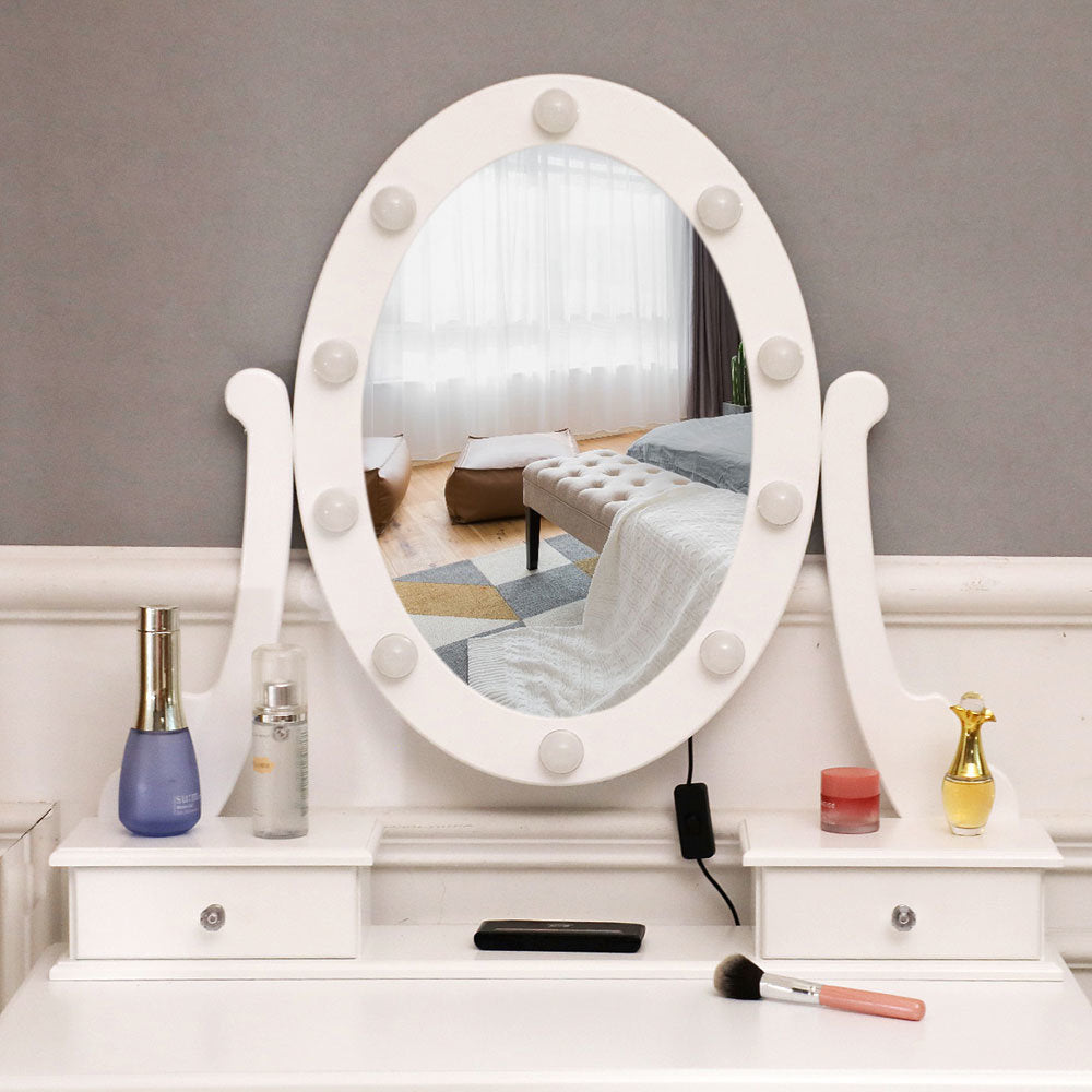 Makeup Vanity Dressing Table Desk Drawer Mirror Stool Set With 10 Led Light