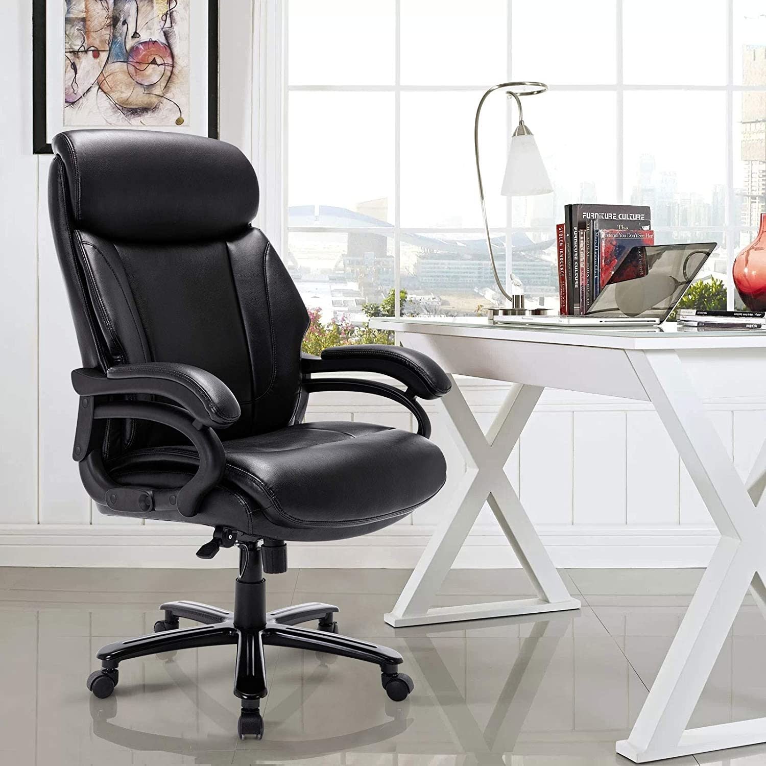 High Back Big & Tall 400lb Bonded Leather Office Chair Large Executive Desk Computer Swivel Chair - Heavy Duty Metal Base, Adjustable Tilt Angle, Ergonomic Design for Lumbar Support