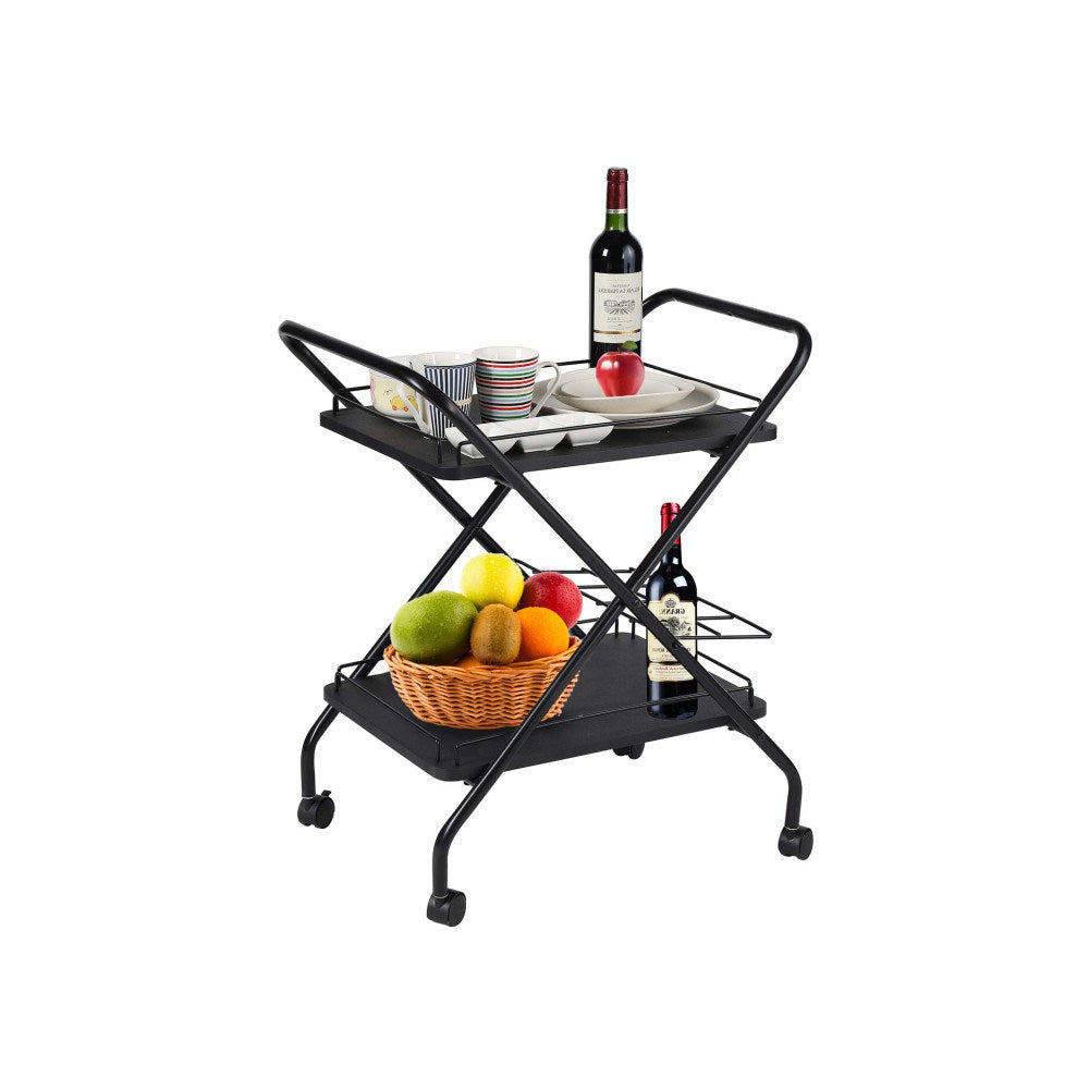 2-Tier Rolling Utility Cart with Wheels, Metal Bar Service Cart With Wine Rack, Lockable Wheel, Multi-Functional Storage Rack For Bar Office And Kitchen RT