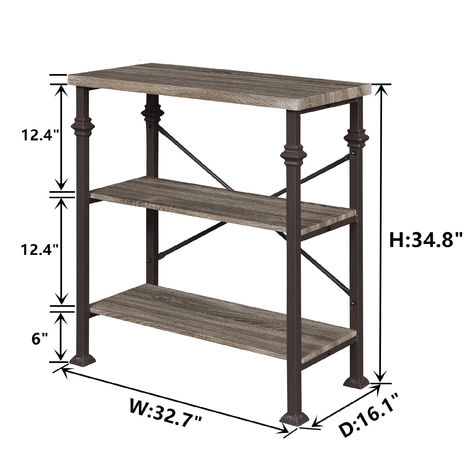 Free shipping 3-Tier Bookshelf, Rustic Industrial Style Bookcase Furniture, Free Standing Storage Shelves for Living Room Bedroom and Kitchen, Grey Oak