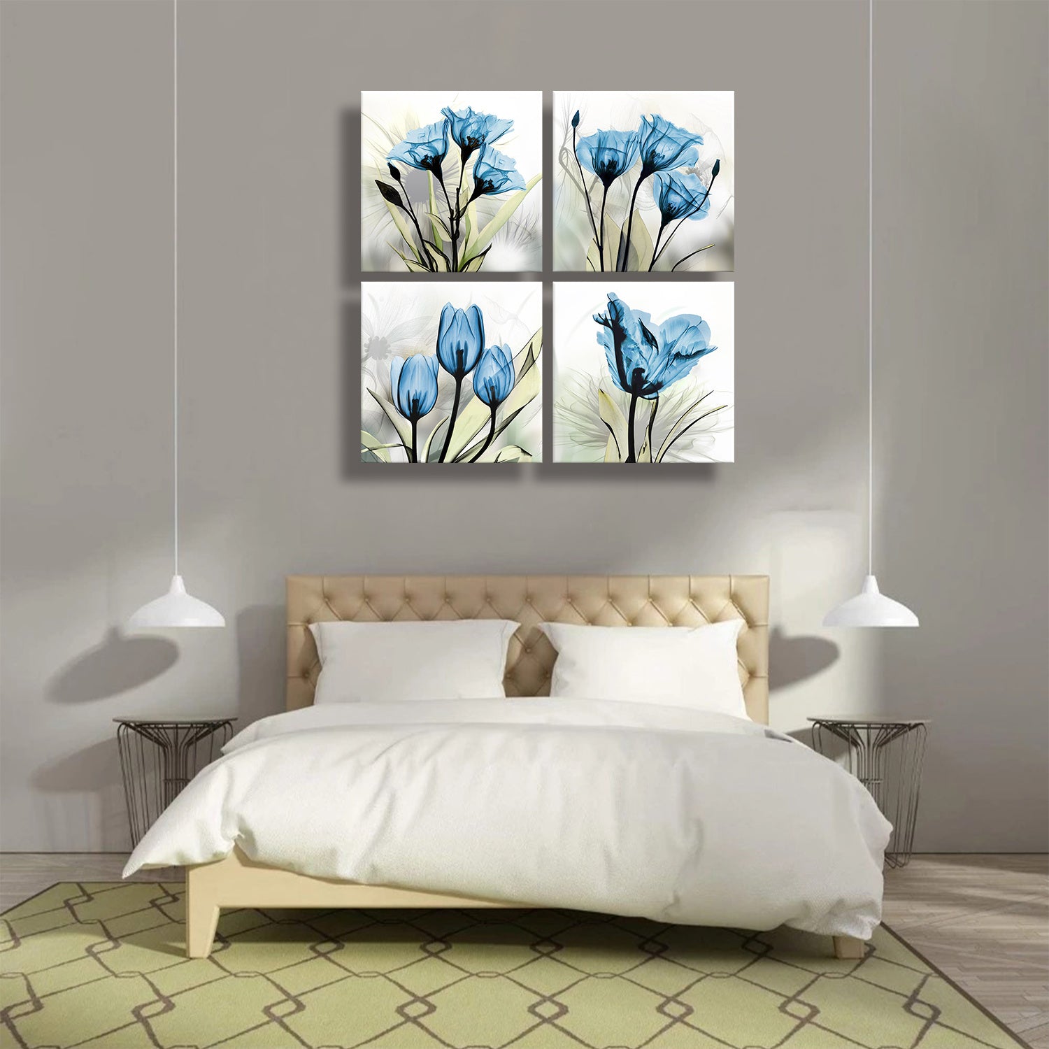 Blue Tulip Flower Canvas Prints Flickering Floral Modern Abstract Wall Art for Office Living Room Bedroom Home Decoration 4 Panel