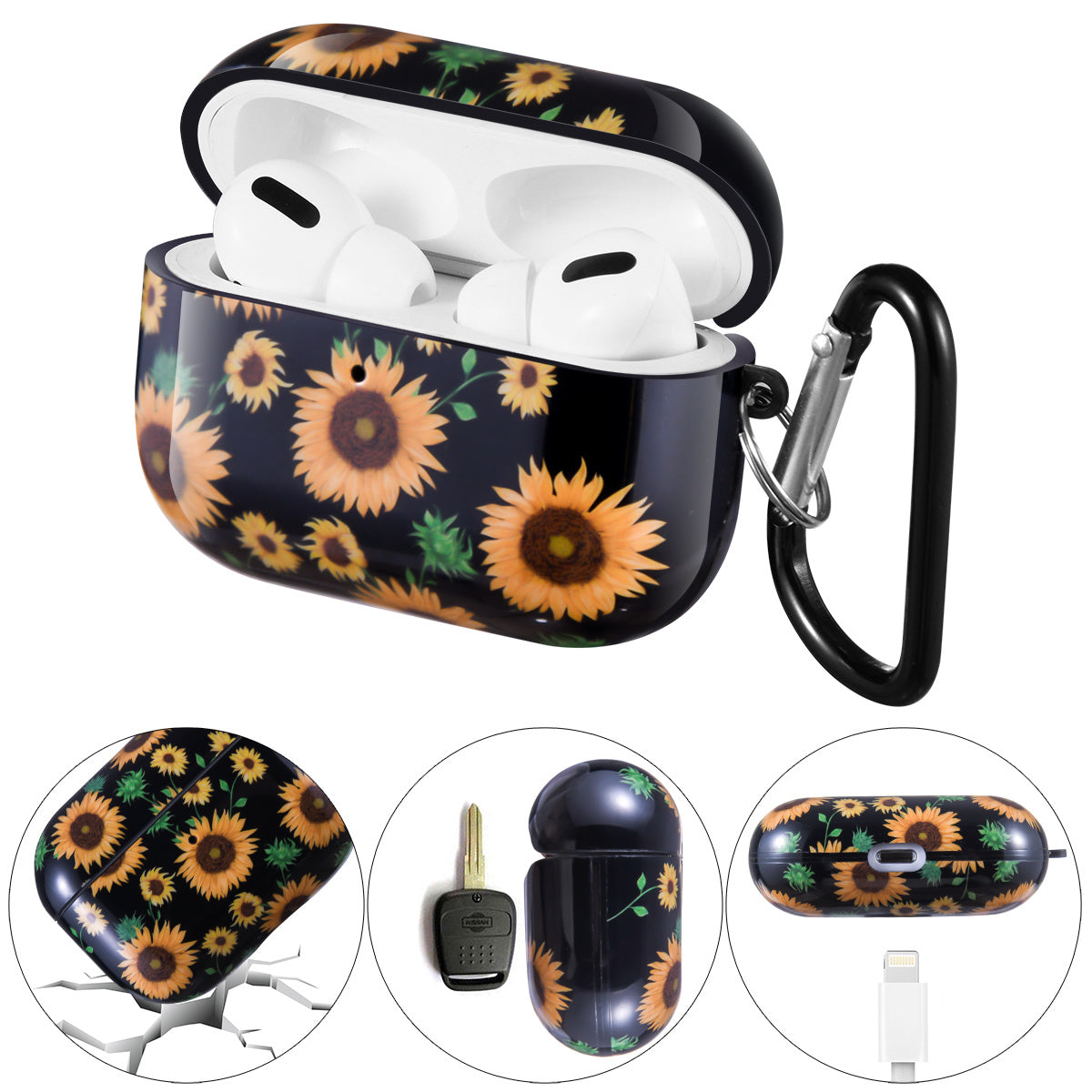 Case Cover  with Sunflower Skin,OLEBAND Cute Hard Protective Shockproof Accessory with Keychain for Men Women and Girls,Compatible for Apple Airpods Pro 3 Charging Case Front LED